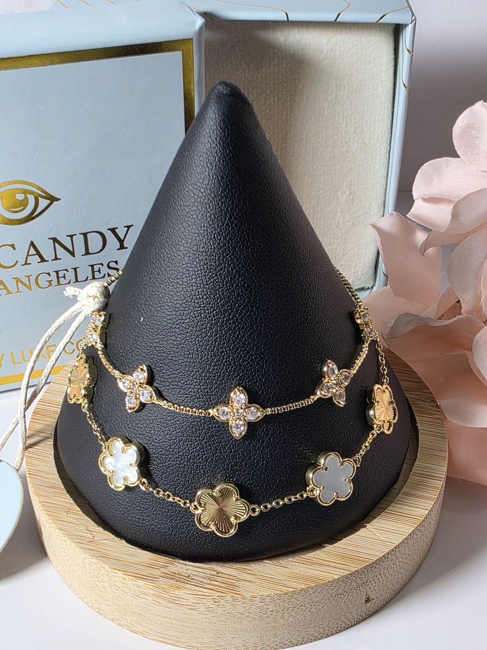 Eye Candy- Gold and White Clover Layered Bracelet Set